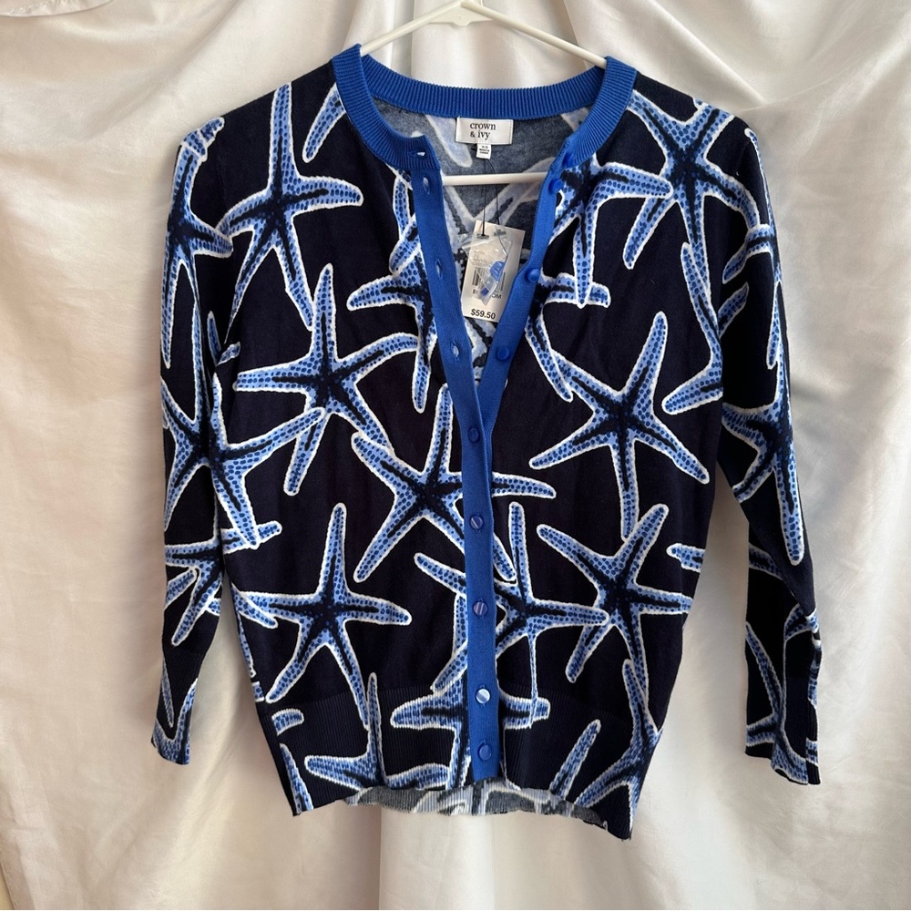 NEW Crown and Ivy Essentials Blue & White Starfish Cardigan Womens XS 3/4 sleeve
